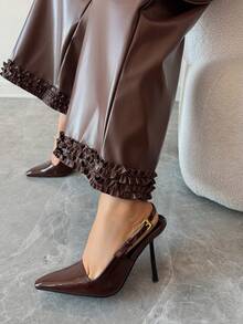 Elenzga Quần Capri ống rộng màu nâu, chất liệu da dệt, kiểu dáng thoải mái, có bèo nhún, dành cho nữ. - màu nâu - Xem 7