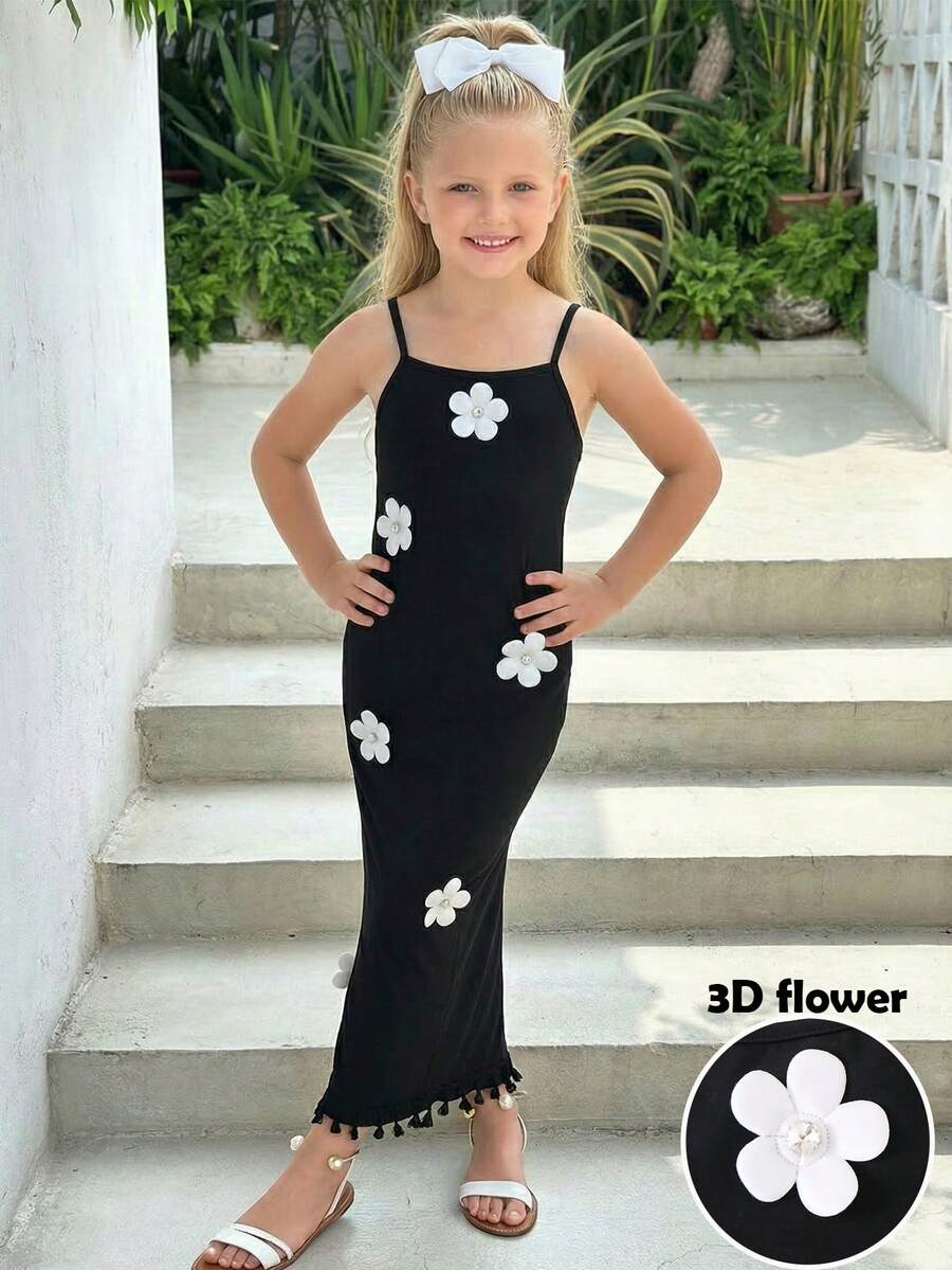 Emery Rose Kids Emery Rose Kids Đầm dự tiệc dáng ôm cổ yếm in hoa thanh lịch dành cho bé gái, dây mảnh, chân váy xòe có nơ, thích hợp mặc hàng ngày. - màu đen - Xem 1