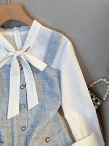 GlowEve Đầm dự tiệc, hẹn hò, thường ngày phối màu trắng và xanh dương, kiểu dáng thanh lịch, buộc dây ở cổ tay và có cúc cài, túi hai bên, dành cho nữ, thích hợp cho mùa thu/đông. - trắng - Xem 3