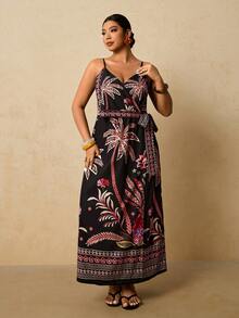 Travachic Plus Size Women's Black Tropical Floral Print Dress, Spaghetti Strap Wrap Tie Bow Long Dress, Early Spring Holiday Beach Dress - Black - View 3