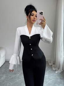 Elenzga Áo cánh tay dài cổ chữ V màu trơn thanh lịch, đơn giản, dành cho nữ, cổ tay nhún bèo, mùa thu/đông/xuân - Đen và trắng - Xem 4