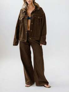 Aralina 经典纽扣式落肩休闲牛仔夹克 - 巧克力棕 - 查看 10