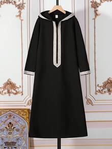 SHEIN Tween Boy Hooded Zip-Up Loose Casual Holiday Party Long Sleeve Robe Shirt - Black - View 4