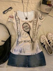 Glimmora Áo thun nữ mùa hè mới về, cổ bẻ, họa tiết lông vũ và chữ in, thích hợp mặc ngoài trời/thường ngày/hẹn hò, màu mơ. - Màu be - Xem 1