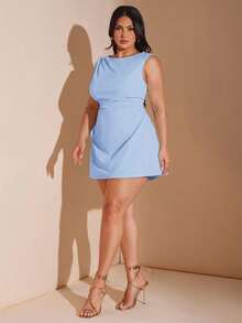 SHEIN BAE 大码女式红色褶皱迷你连衣裙，优雅沙滩度假连衣裙，适合春夏穿着 - 淺藍色 - 查看 4