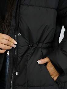 SAYEHFBABY 时尚休闲可调节腰部绗缝连帽加厚棉服外套冬季 - 黑色 - 查看 3