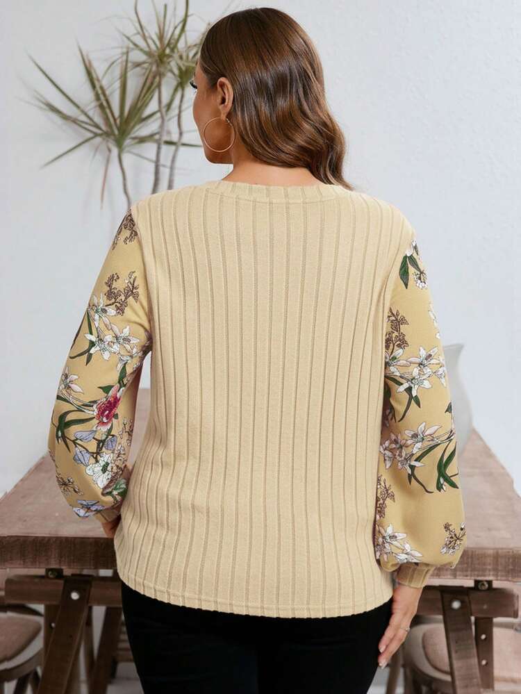 Plus Size Women V-Neck Floral Print Patchwork Long Sleeve Loose T-Shirt Fall Tops Women Lantern Sleeve Blouse Winter Clothes For Women Christmas New Year Look  Stylish Clothing Collection