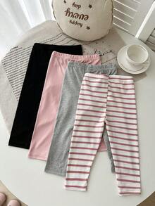 SHEIN Playful Pals 4件套女婴新生儿休闲百搭舒适柔软亲肤粉白条纹打底裤，粉色、灰色和黑色纯色打底裤。高性价比，适合春夏季室内外玩耍。 - 彩色 - 查看 2