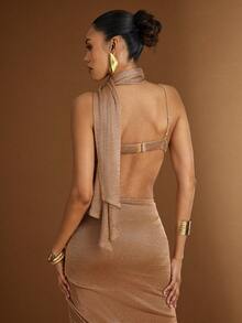 Hauture Women's Sexy Metal Chain Texture Knit Sheer Bralette Cape Top - Gold - View 3