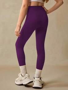 Quần legging thể thao lưng cao liền mạch có gân cho bé gái tuổi teen - Quần legging mềm mại như làn da thứ hai, nhanh khô, thoáng khí, co giãn 4 chiều, dùng để chạy bộ, đạp xe, tập yoga, bóng chày, thường ngày, màu đen - Màu tím - Xem 4