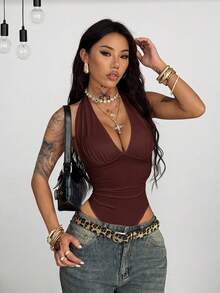 Coolane Women's Spring/Summer  Concert Outfit Rave Outfit Festival Going Out Y2K Sexy Beach Outfits  Tropical Vacation Dark Brown  V-Neck Jumpsuits - Coffee Brown - View 2