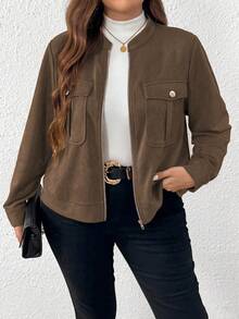 SHEIN Tall Jaqueta casual de manga longa com zíper, gola em pé, bolso no peito, solta, Plus Size, para mulheres, outono/inverno - Café - Visão 3