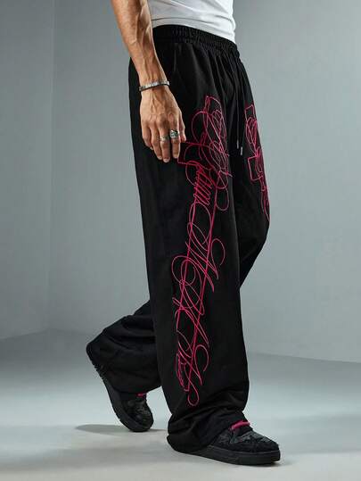 Goth Pantalones de chándal rectos con cordón en la cintura, bolsillos y bordado de letras y cruces, estilo oscuro