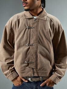 ROMWE MEN Street Life Áo khoác nam dài tay cổ ve lật chất liệu nhung kẻ, cài khuy kim loại, kiểu dáng thường ngày. - Cà phê nâu - Xem 5