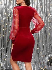 Ellevyn 女士针织弹力修身心形领灯笼袖优雅日常穿着秋冬连衣裙，适合圣诞节、节日派对 - 紅色 - 查看 2