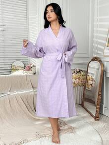 Dazy Plus Plus Size Women Casual Plaid Loose Tie-Front Long Robe, Purple, Spring/Autumn Pajamas - Mauve Purple - View 4