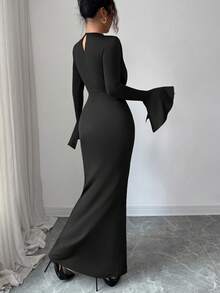 Elenzga Women's Solid Color Round Neck Flare Sleeve Waist Decorated Button Long Dress - Black - View 2