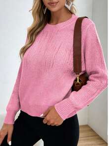 Suéter de Jersey de color brillante para mujeres - material acrílico, textura lisa, tejido cálido y cómodo, suéter de punto suave, artículos necesarios para el ocio diario y el estilo en el lugar de trabajo - Rosa - Ver 2