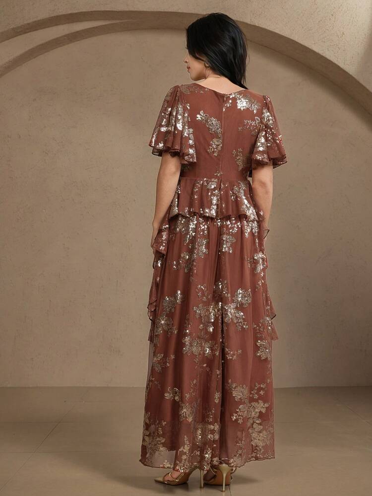 Women's V-Neck Sequin Floral Patchwork Dress With Ruffle Sleeves, Fashionable For Vacation And Party Maxi Dress Sundress