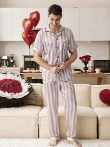CoupledUp 条纹印花撞色翻领男士家居服 - 彩色 - 查看 5