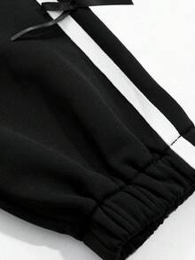 FRIFUL 女士撞色侧条纹印花拉链外套和裤子两件套休闲套装，秋季女装家居服套装 - 黑色 - 查看 3