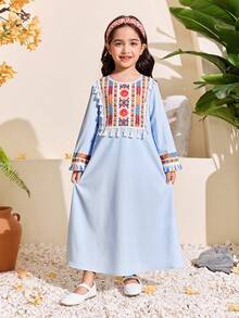 Arabic Style Young Girl Light Blue Dress,Comfortable Loose Fit Tassel Trim Casual Gown For Festivals & Family Matching,Cerise Pink,Autumn Essentials - Baby Blue - View 4