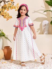 رمضان عباءة طويلة بطبعات زهرية عربية تقليدية، قصيرة الأكمام وذات رقبة على شكل حرف V، مناسبة للفتيات في الشرق الأوسط، ألوان زاهية مناسبة للربيع/الصيف، للاستخدام اليومي، المناسبات الرسمية، التسوق، السفر