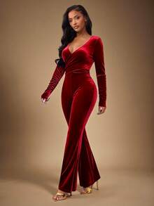 Radiana Sexy & Elegant Fitted Long Sleeve Jumpsuit, Flared Leg, Suitable For Daily Wear, Gatherings, Parties, Dates, Nightclubs, Valentine's Day,Spring To Summer, - Red - View 3