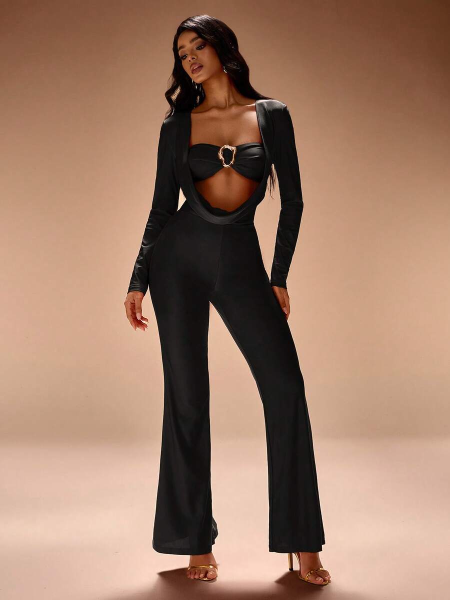 Radiana Conjunto de 2 piezas de mono elegante y sexy de mujer con escote bajo, decoración de hebilla de metal y mono de manga larga con top bandeau, apto para fiestas, citas, reuniones, galas, celebraciones, clubes, Navidad, Año Nuevo - Negro - Ver 1