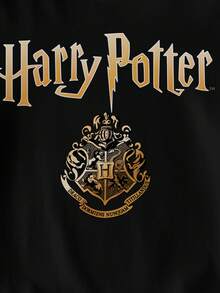 HARRY POTTER X SHEIN Tween Girl Casual Daily Commute School Style Badge & Letter Graphic Short Sleeve Black T-Shirt, Summer