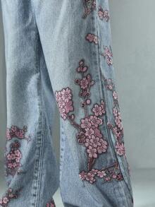 ROMWE MEN Anime Men's Loose Fit Floral Print Wide Leg Jeans, Streetwear Style - Blue - View 5