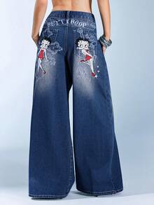 Betty Boop | ROMWE 哥特十字架和藤蔓玫瑰图案刺绣做旧水洗超大直筒加长Y2K牛仔裤 - 深色水洗藍 - 查看 11