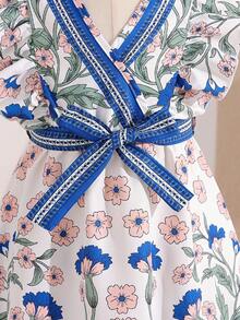 Vintaside Kids 1件女童碎花印花V领无袖高品质修身连衣裙，夏季 - 彩色 - 查看 5