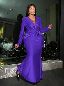 SOLERSUN 大码女式优雅纯色亮面面料前后扭结深V领褶皱长袖紧身性感鱼尾长裙，时尚小众设计气质轻奢连衣裙，简约时尚长裙，适合派对、万圣节、圣诞节、新年、婚礼季、伴娘礼服、节日服装、秋季、冬季穿着。 - 紫色 - 查看 1