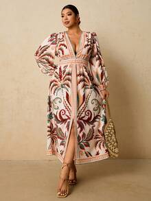 Travachic 大码女式印花连衣裙，V领长袖长裙，蓝棕色 - 彩色 - 查看 6