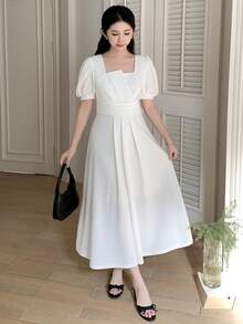 SHEIN Đầm midi dáng chữ A màu trắng xếp ly tay phồng, thắt eo dành cho thiếu nữ, thanh lịch cho các buổi đi chơi và kỳ nghỉ, mùa xuân/hè. - trắng - Xem 5