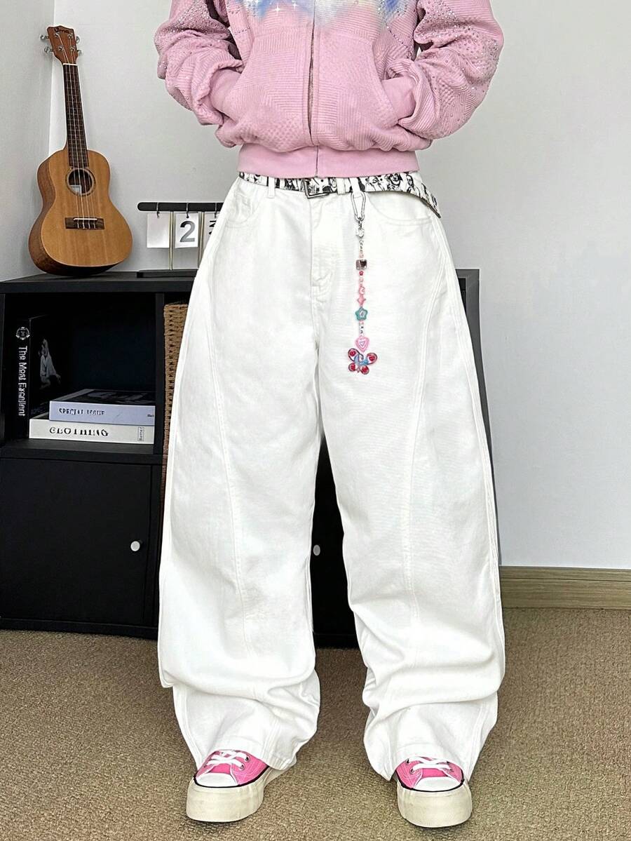 STEELVANCE Men's Street Fashion Casual Loose Fit Wide Leg Jeans, Simple And Versatile Design - White - View 1