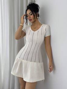 Elenzga 女士 Atmosphere 个性化镂空短袖针织连衣裙 - 杏色 - 查看 6