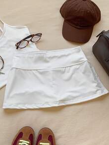SHEIN EZwear 純色高腰迷你短褲裙 - 白色 - 查看 7