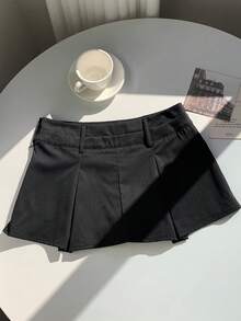 SHEIN EZwear Váy xếp ly màu trơn thời trang cho nữ, phong cách đa năng - màu đen - Xem 2