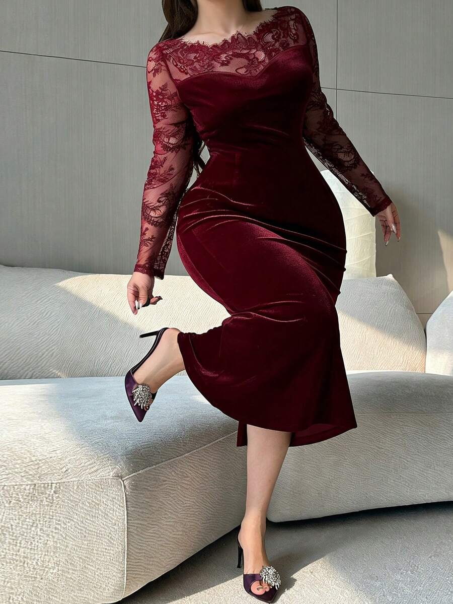 Dazy Plus Plus Size Women's Velvet Contrast Lace Bodycon Party Dress, Sexy & Stretchy For Dates Sundress - Burgundy - View 1