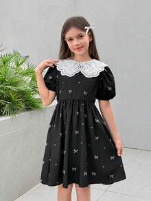 SHEIN 青少年女孩彼得潘領蝴蝶結印花收腰洋裝，黑色可愛娃娃公主裙，休閒日常穿著 - 黑色 - 查看 2