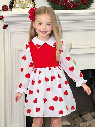 Elladie kids Vestido con estampado de corazones por todo el vestido, cuello de volantes tejidos y mangas abullonadas para niñas en el Día de San Valentín