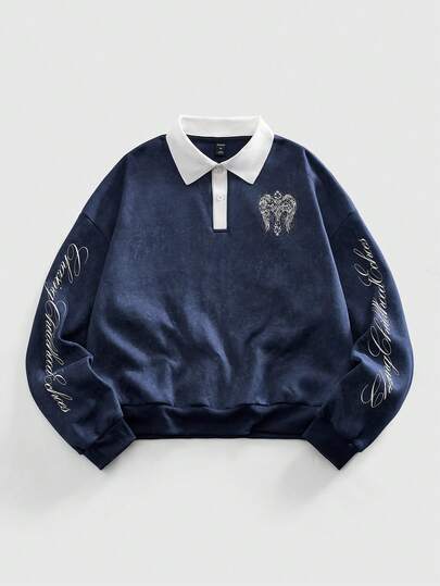 Goth Camicia polo casual a maniche lunghe con stampa di lettere, adatta per l'ufficio e il tempo libero, per uomo