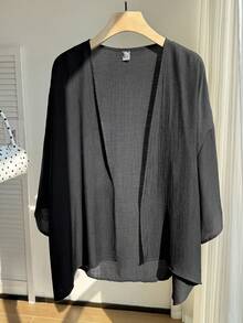 Comfortcana Summer Short Thin Lightweight Textured Plus Size Short Jacket - Black - View 3