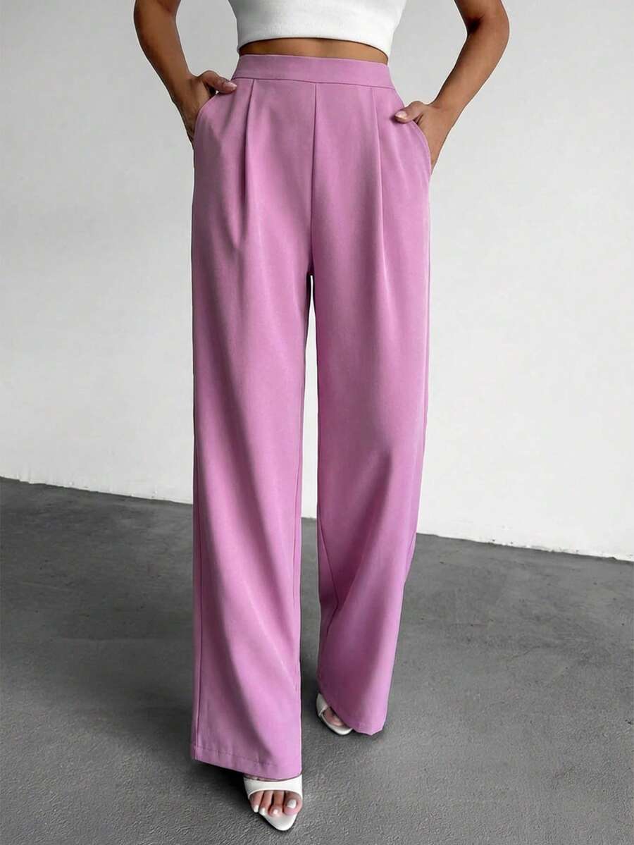 EURMUSE Fashionable Versatile Solid Color High Waist Wide Leg Pants - Lilac Purple - View 1