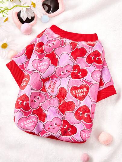 PETSIN 1 Pc Red Heart Letter Printed Flannel Pet , Red Autumn And Winter Thick Warm Pet Clothing