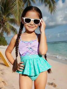 女孩美人鱼印花蝴蝶结可爱泳衣,运动沙滩度假游泳休闲趣味 - 藍色 - 查看 2