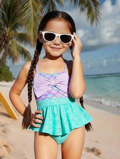 Traje de baño con estampado de sirena y lazo para niñas, deportivo y divertido para vacaciones en la playa y natación casual