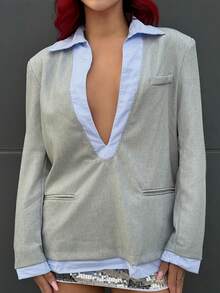 Bearsaez 2025 Spring Women Patchwork Long Sleeve Simple Suit Blazer, Daily Commute, Vintage Style In Fall/Winter - Grey - View 5